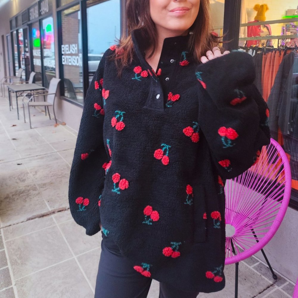 Black and Red Cherry Fleece Pullover
